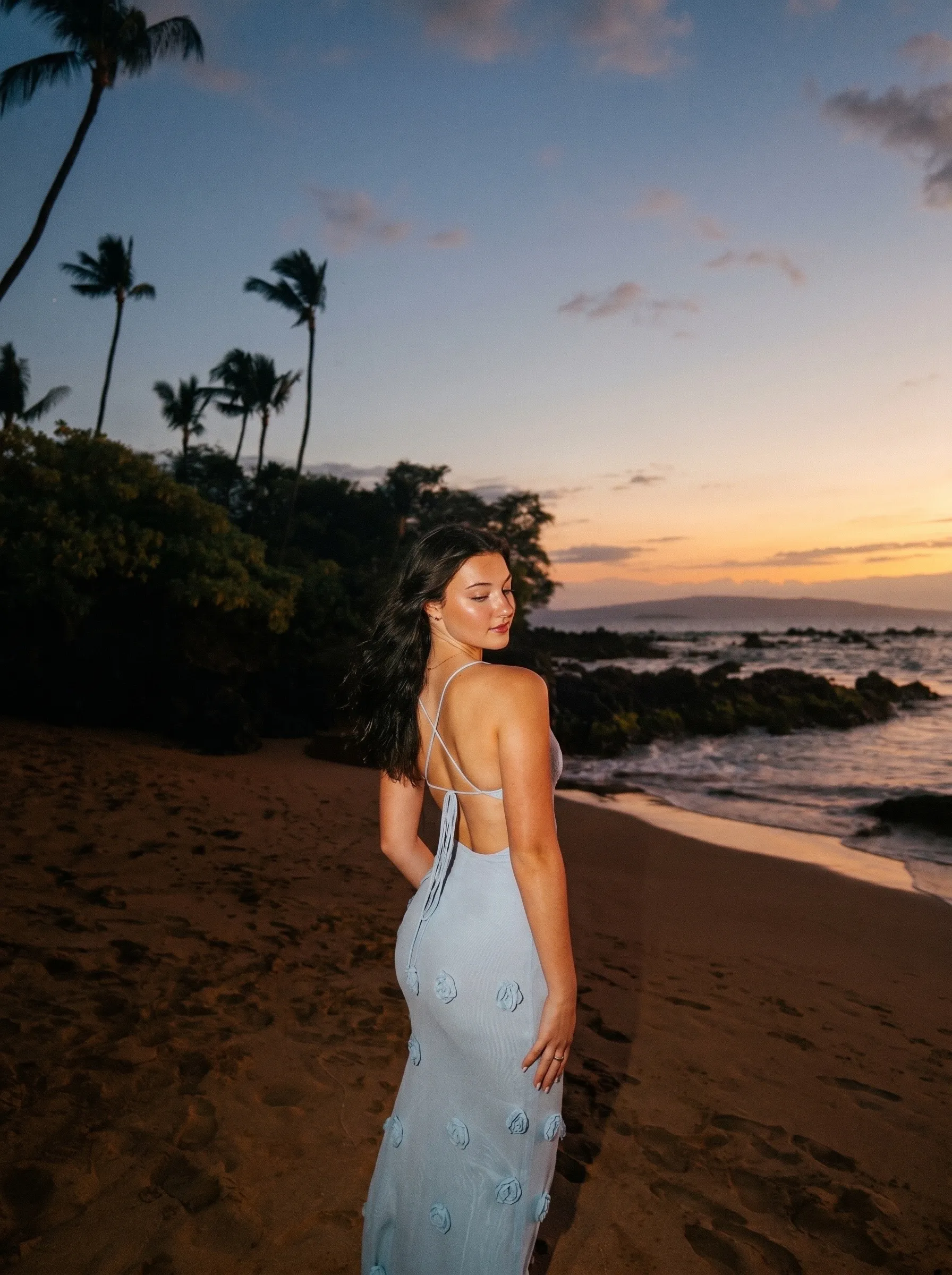 Beach sunset portrait, blue dress
